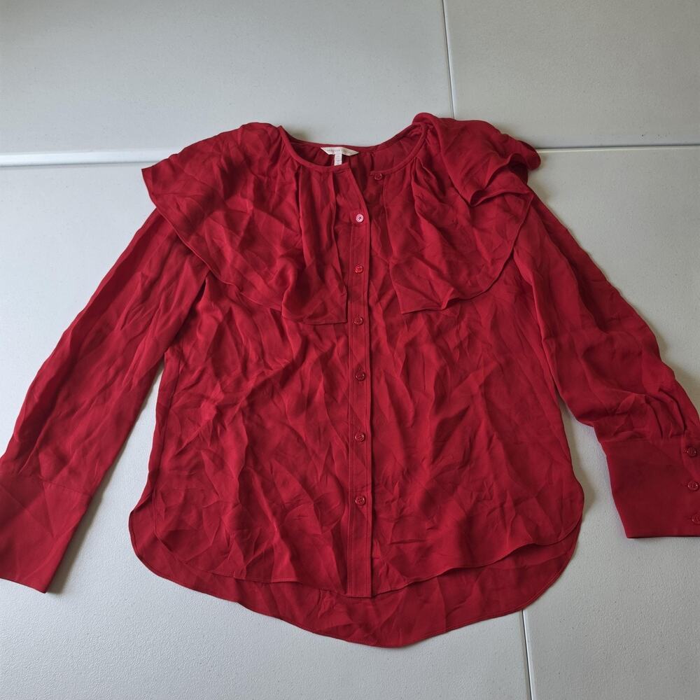 Rebecca Taylor Blouse Womens Medium Red Silk Ruffle Button Front Long Sleeve Top